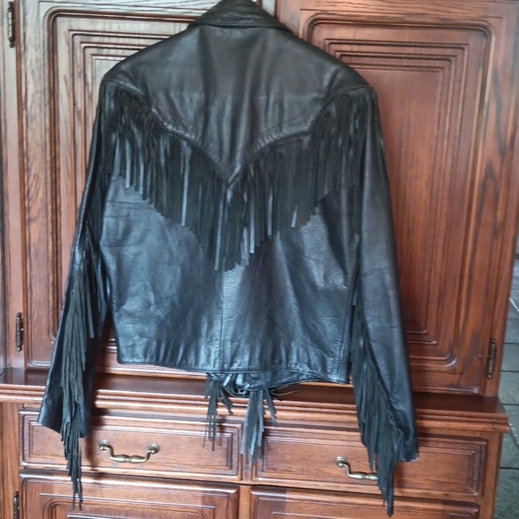 Leather biker Jacket,  S 38, Black Fringed - Picture 3 of 5